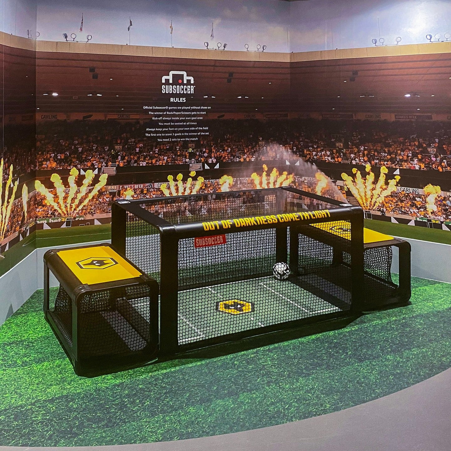 Custom-branded SubSoccer bench soccer table set up at a corporate event
