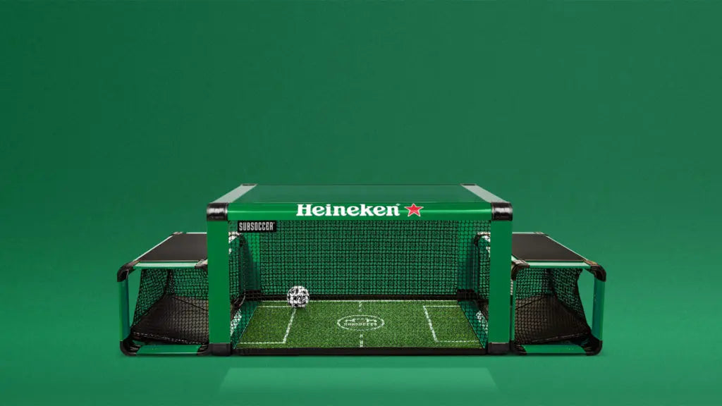 SubSoccer bench soccer table custom branded with Heineken logo and green colorway for a brand sponsorship activation