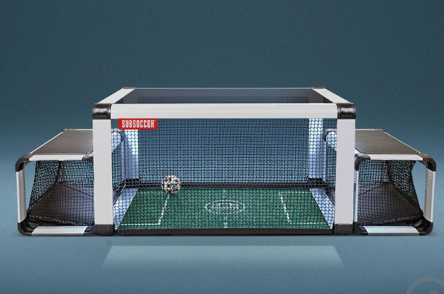 SubSoccer S7 black bench soccer table — studio product shot showing full table and benches